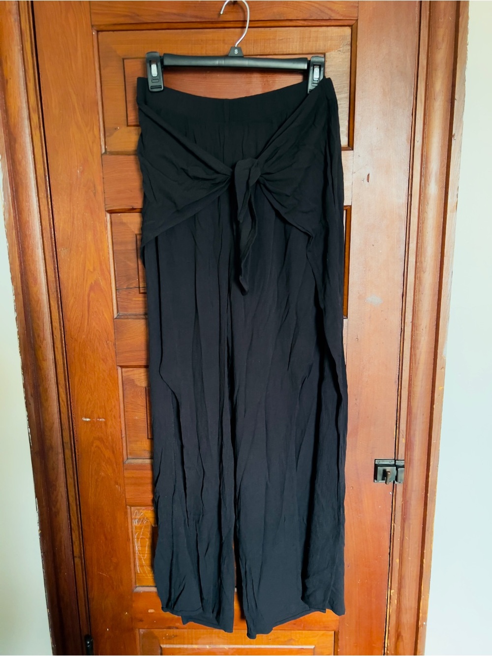 KONA SOL Black Crepe Pants Small Tie Front Side Splits Flowy Wide Leg Pull On